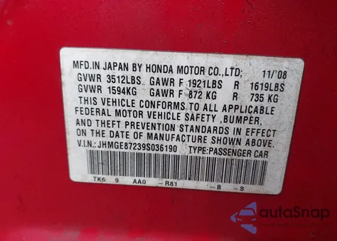 2009 Honda Fit from USA, damaged, VIN JHMGE87239S036190